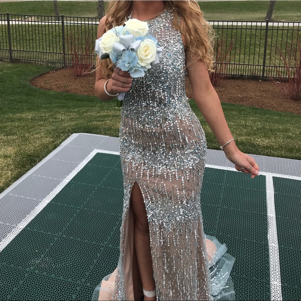 Terani Couture Silver Sequin Illusion Prom Dress